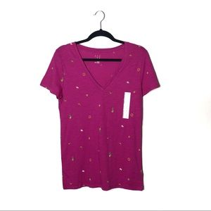 A New Day Magenta Fruit Print V Neck T Shirt